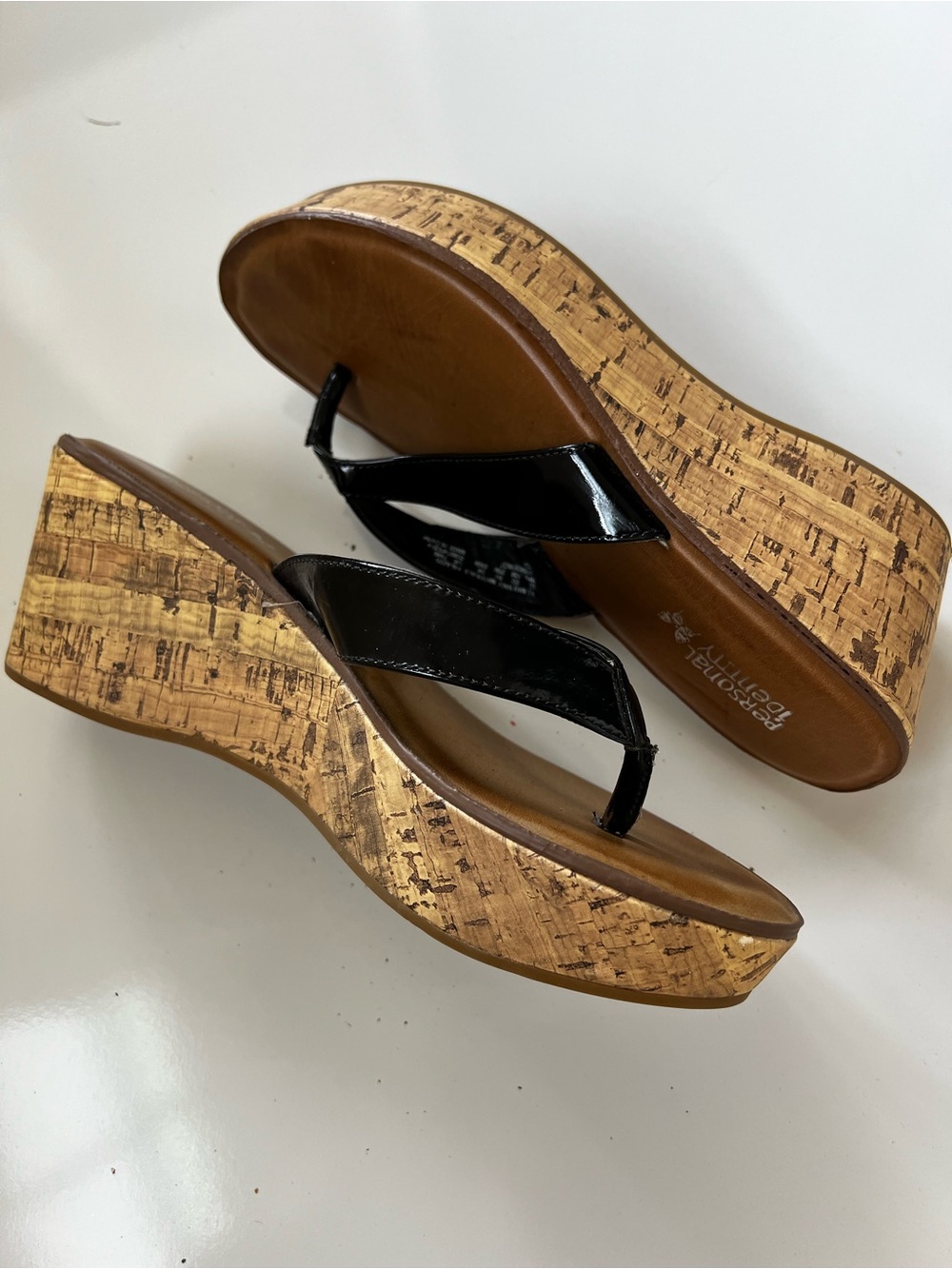 Black Cork Wedge Thong Sandals- Size 8